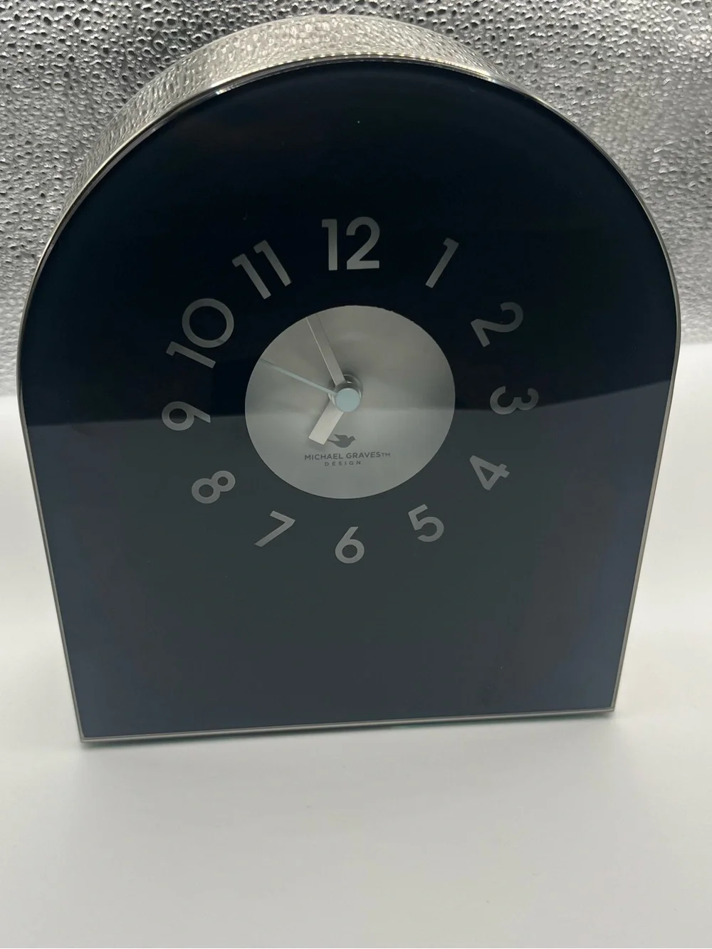 Michael Graves Design Modern Mantel Clock Black Glass Stainless Steel Quartz